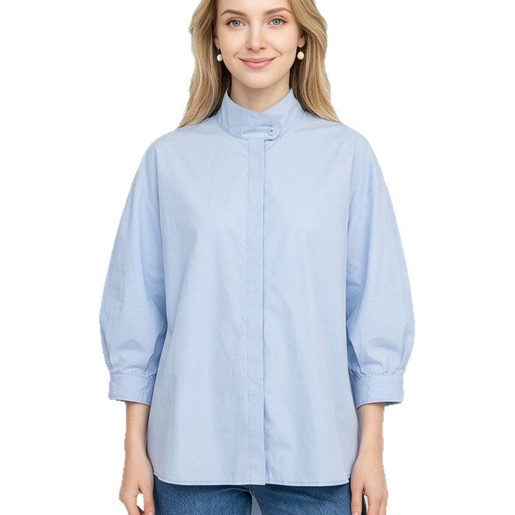 Women Oversize Blouse with concealed button placket, 3/4 sleeves and lightweight poplin quality Amarae