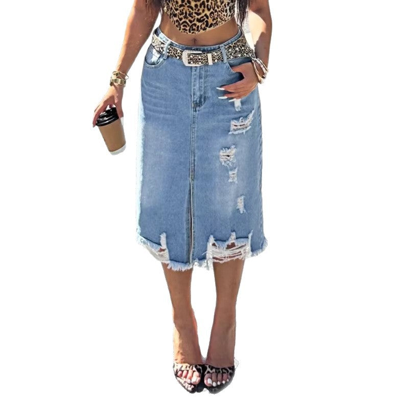 Ladies Denim Midi Skirt with Fringes Front Slit and Used Effects Amarae