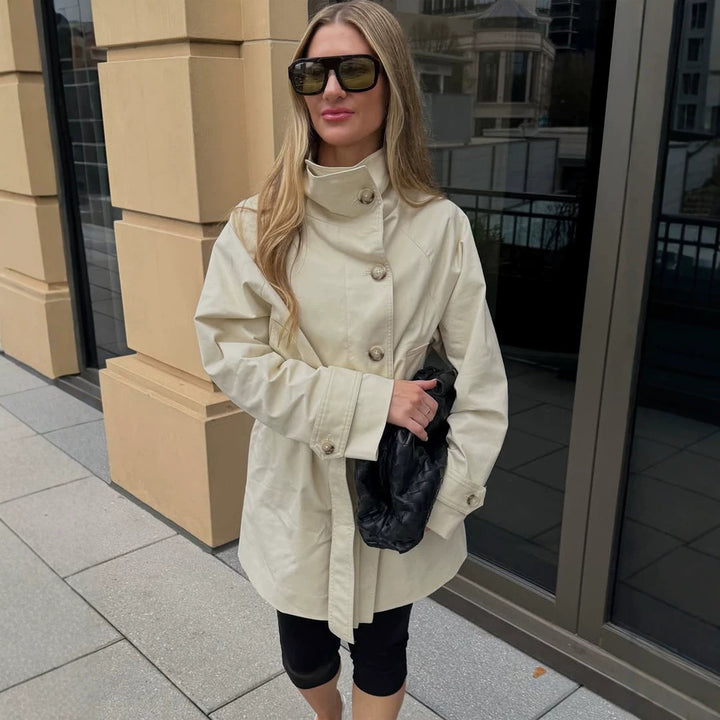 Women Short Wind and Transitional Coat with High Standing Collar and Tie Belt Amarae