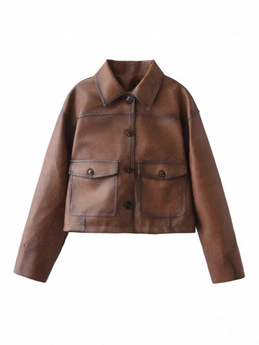 Ladies cropped leather jacket with practical chest pockets and Amarae button details