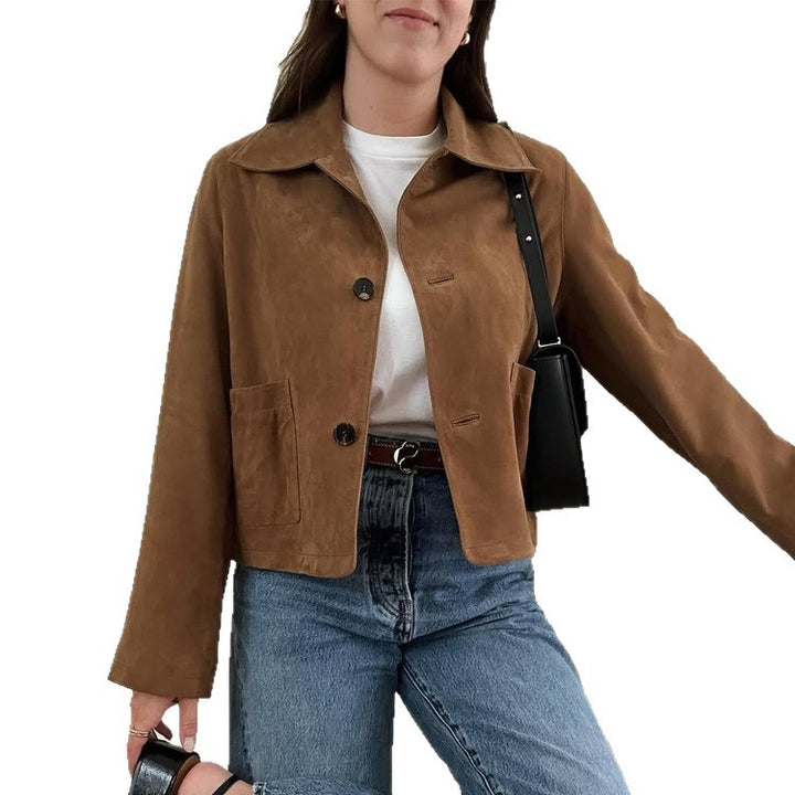 Women Short Cut Suede Jacket with Shirt Collar and Patch Pockets Amarae