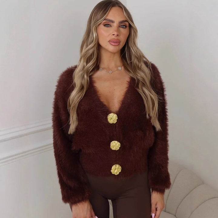 Women's Fluffy Short Jacket with V-Neck and Metallic Decorative Buttons Amarae