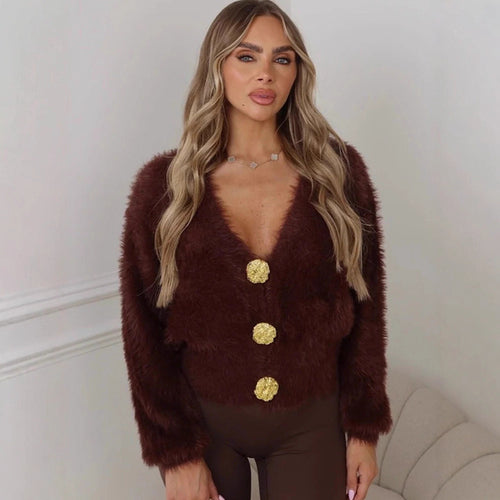 Women's Fluffy Short Jacket with V-Neck and Metallic Decorative Buttons Amarae