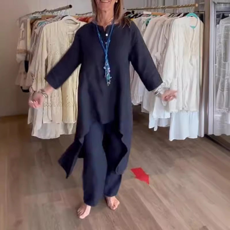 Women's Midi-Length Linen Tunic Set with Asymmetric Hem and Wide Palazzo Pants Amarae