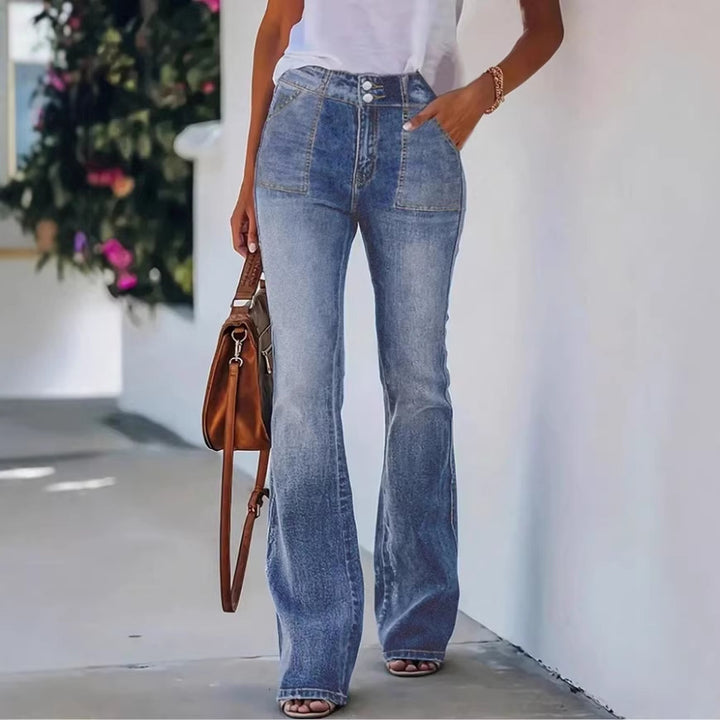 Women's High-Waisted Flared Denim Pants with Front Decorative Stitching and Shaping Waistband Amarae