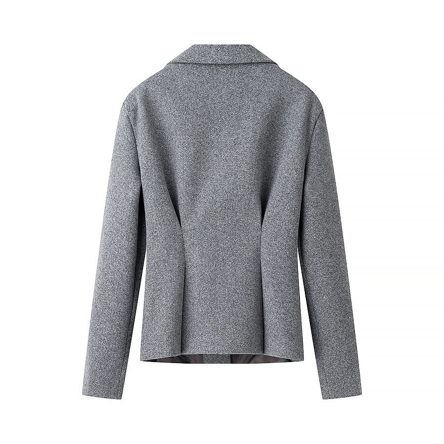 Women's Two-Piece Tailored Wool Suit with Textured Shoulder Blazer and Pleated Midi Skirt Amarae