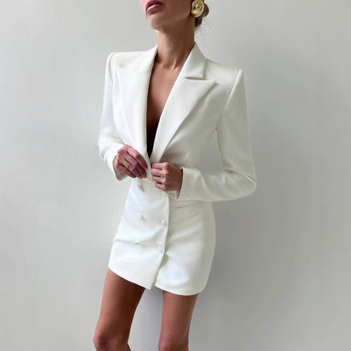 Women's blazer dress with double button design and deep V-neck Amarae