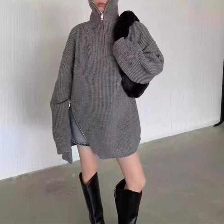 Gros pull en tricot pour femmes avec fermeture éclair et fentes latérales Chic & Stil