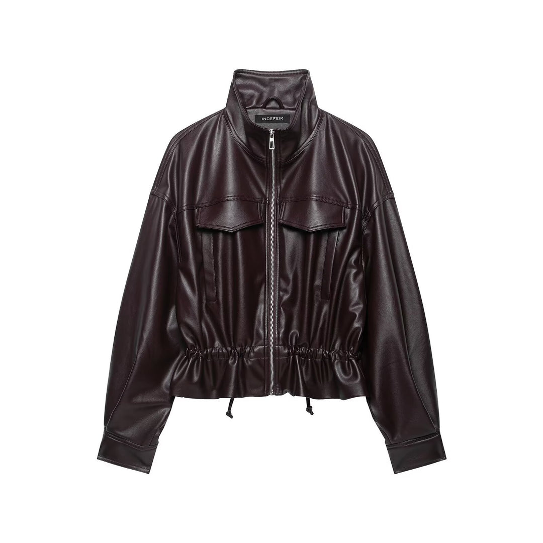 Women's Oversized Faux Leather Bomber Jacket with Funnel Neck, Drawstring Waist, and Flap Pockets Amarae