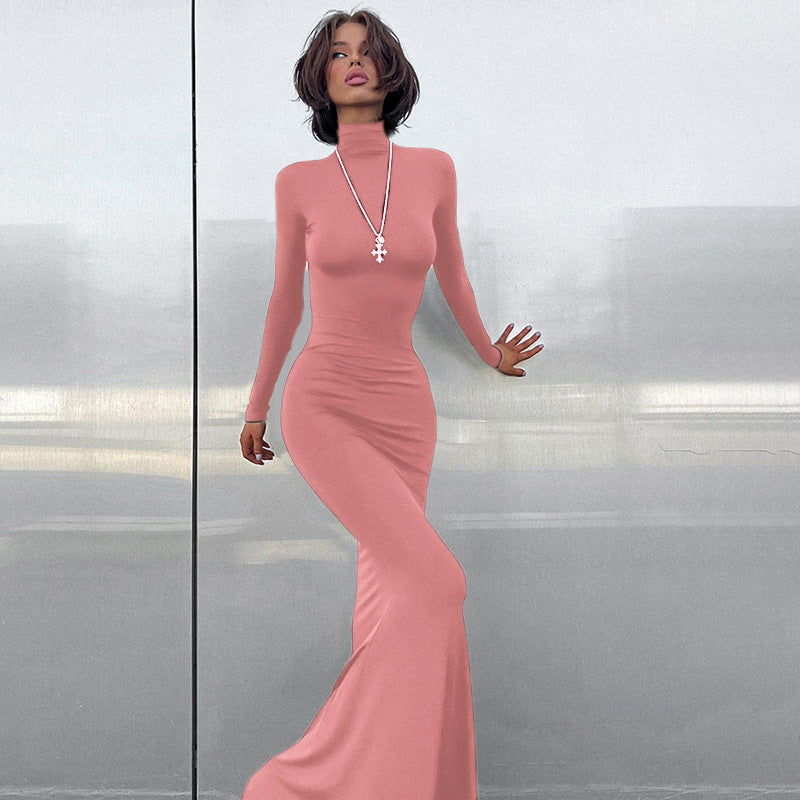 Ladies Elegant Maxi Dress with High Collar and Chic Fitted Cut