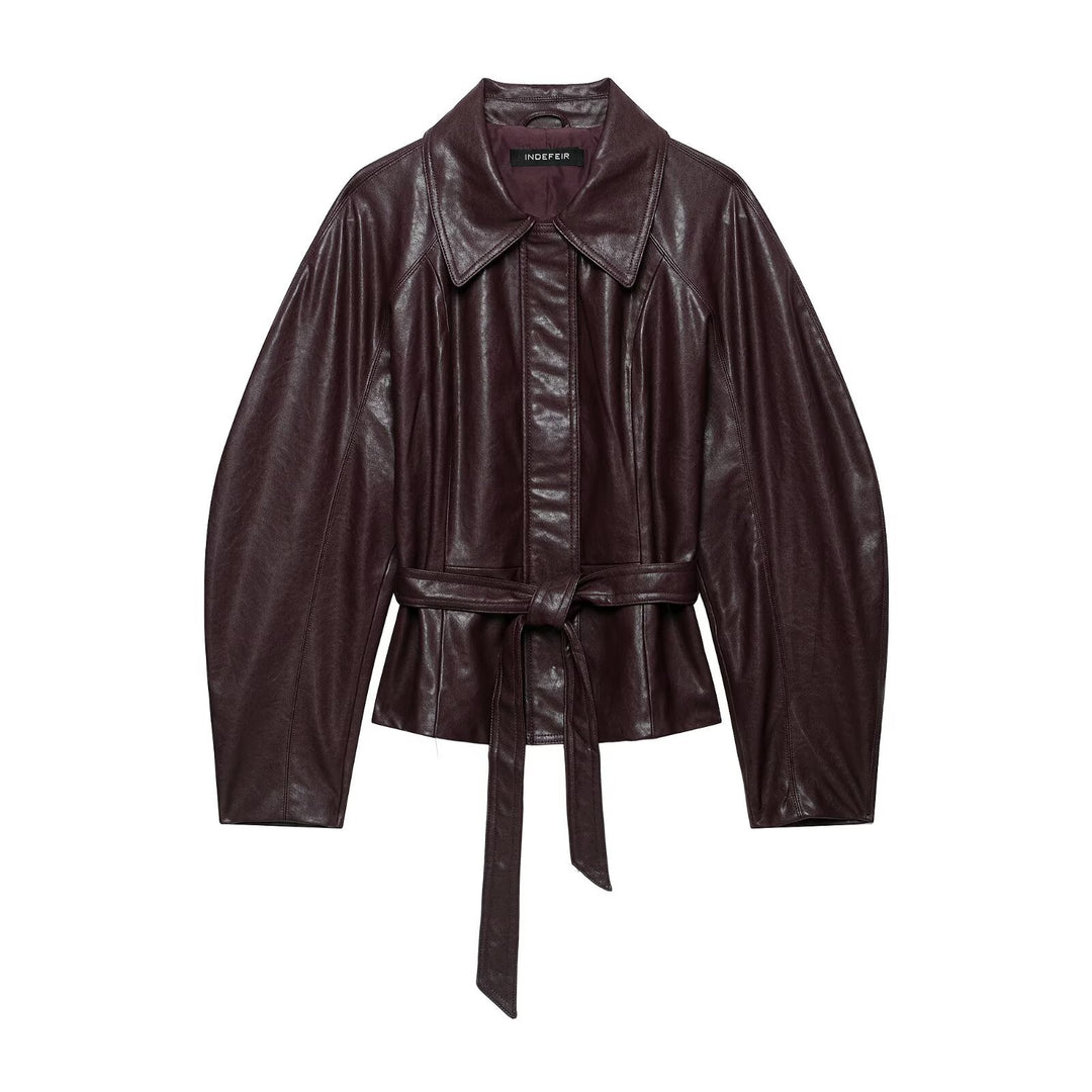 Women's short jacket made of vegan leather with a waist tie belt and dropped raglan sleeve construction Amarae