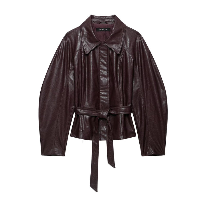 Women's short jacket made of vegan leather with a waist tie belt and dropped raglan sleeve construction Amarae