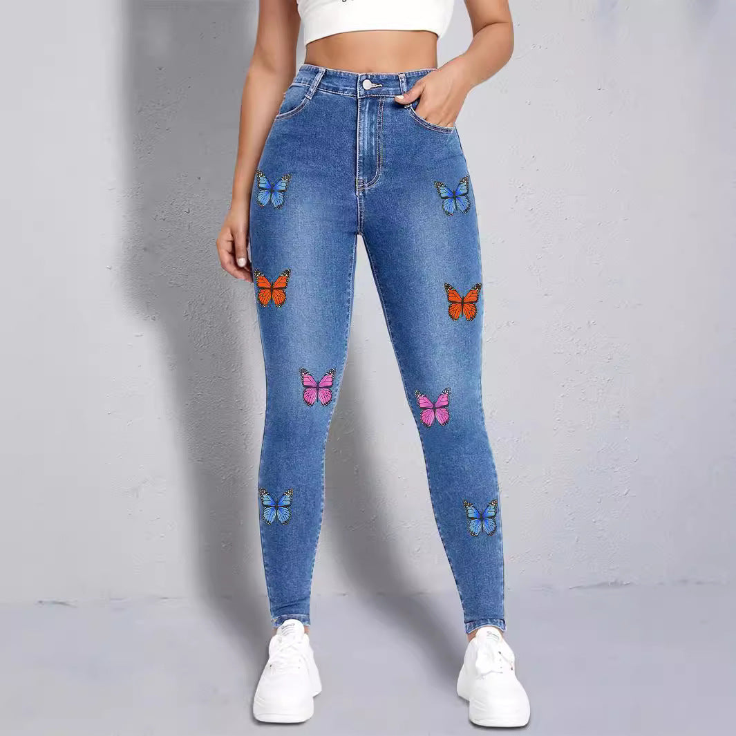 Women slim-fit high-waist jeans leggings with colorful butterfly print Amarae
