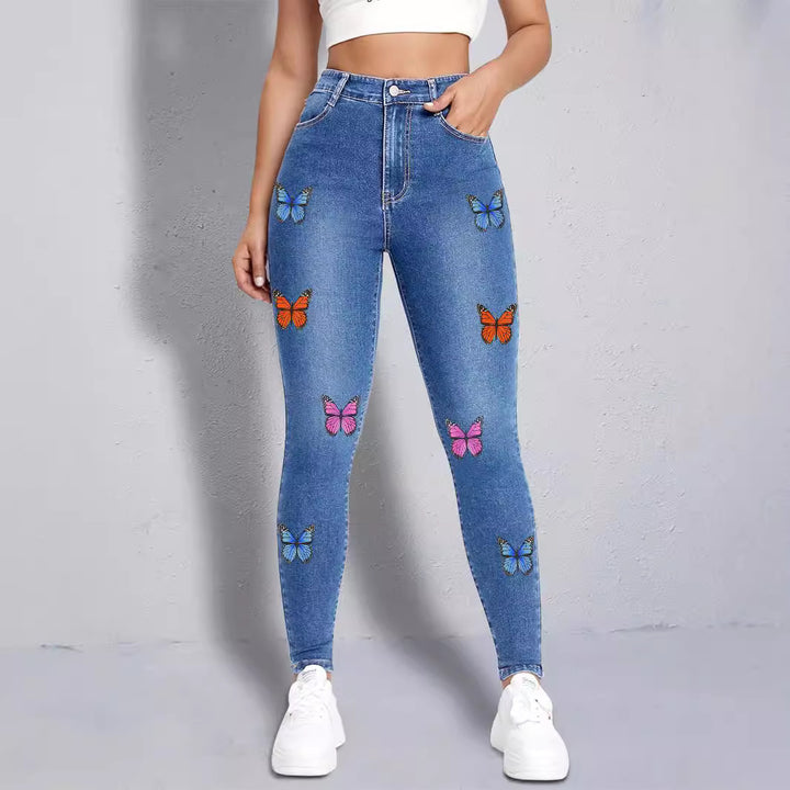 Women slim-fit high-waist jeans leggings with colorful butterfly print Amarae
