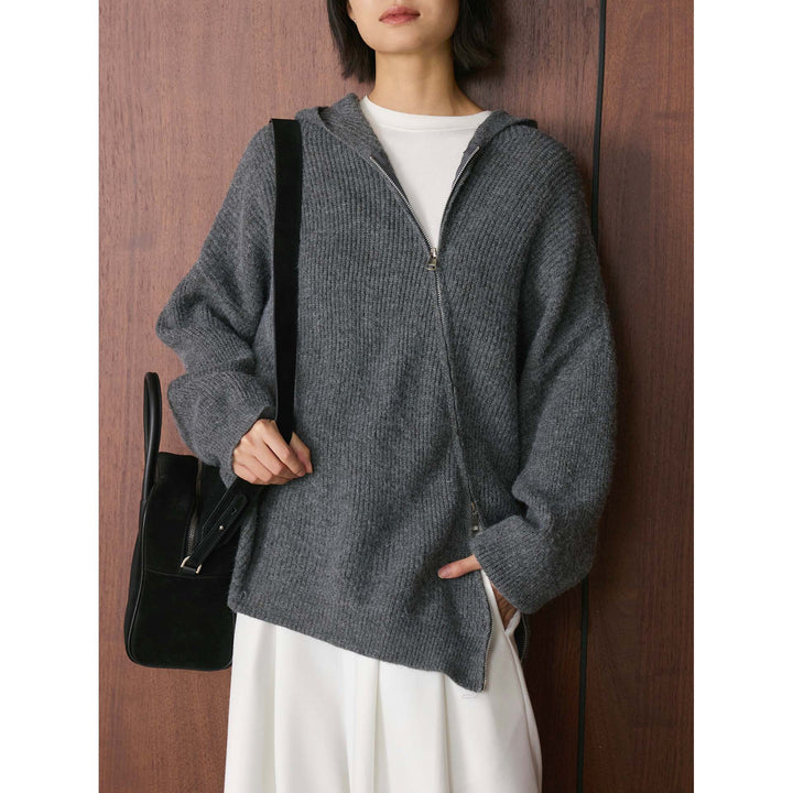 Women's Cozy Zip Hoodie Cardigan in Ribbed Knit Mix with Balloon Sleeves Amarae