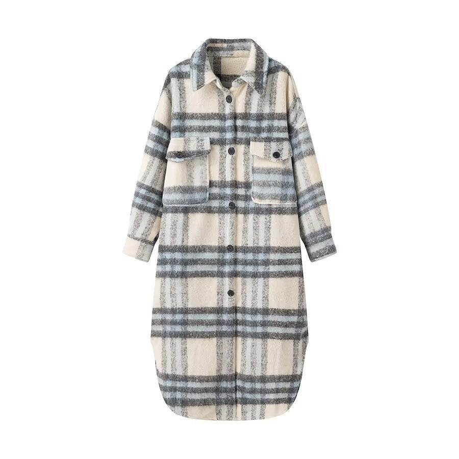 Women's checked longline faux fur overcoat with patch breast pockets Amarae