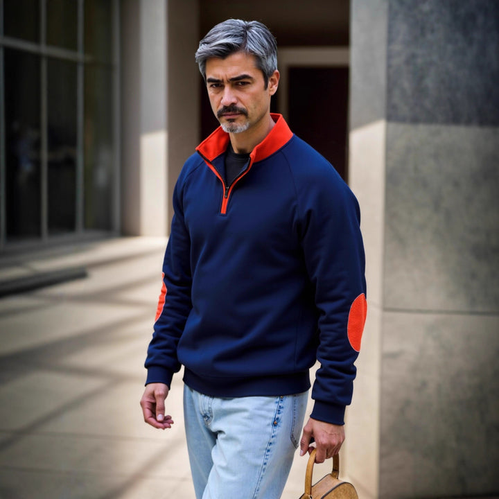 Sweat-mode sweater for men with functional zipper and contrasting elbow patches Lune London