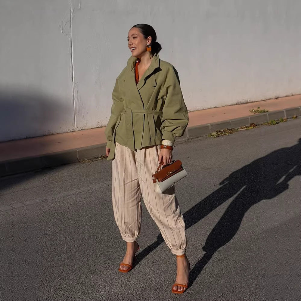 Women's Tailored Short Parka with Stand-up Collar, Balloon Sleeves and Ties Belt Amarae
