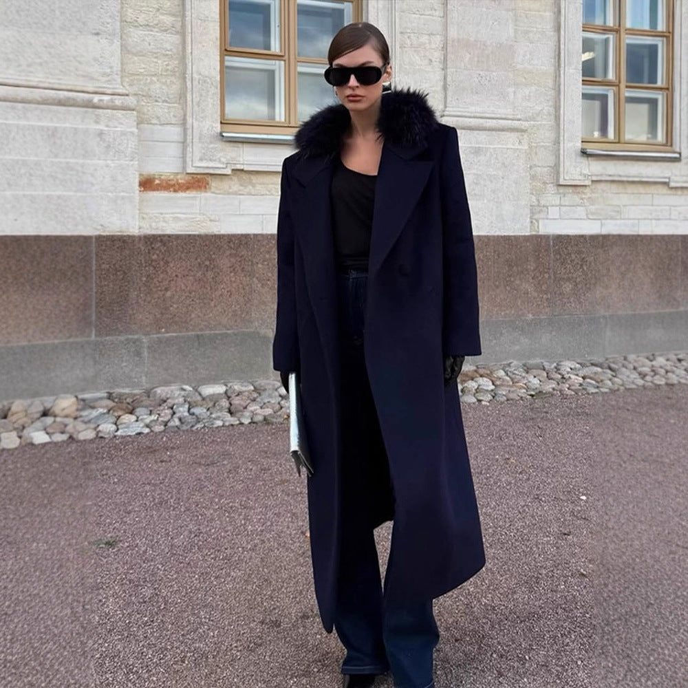 Women's long wool blend coat with generous faux fur shawl collar and oversized cut Amarae