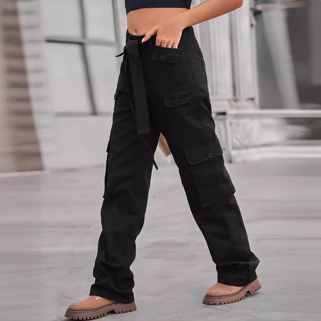 Ladies cargo pants with high waist, tie belt, and multiple flap pockets Amarae