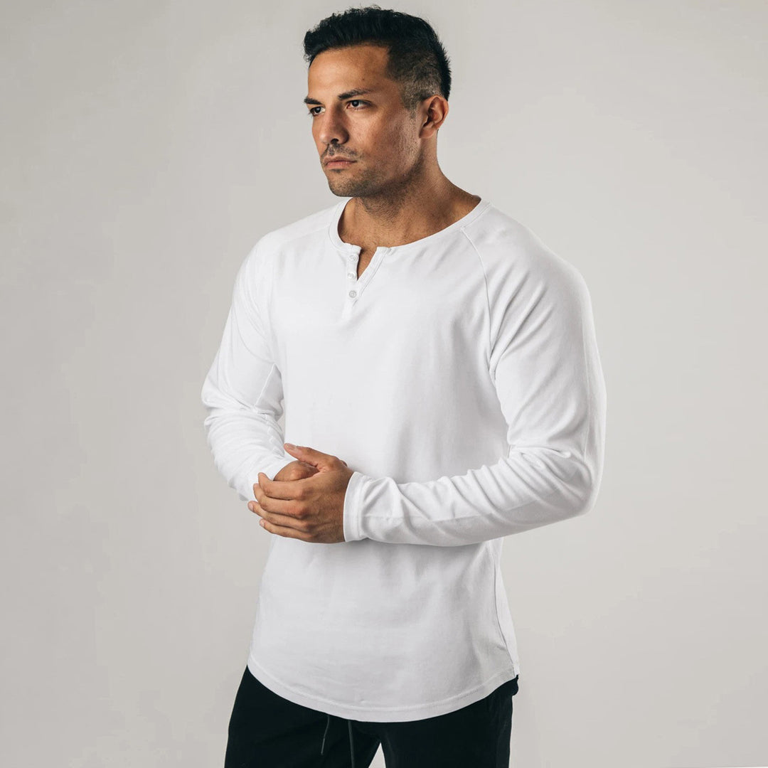 Men's Long Sleeve Henley T-shirt with a high-quality cotton blend and a buttoned collar Lune London