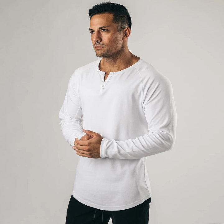 Men's Long Sleeve Henley T-shirt with a high-quality cotton blend and a buttoned collar Lune London