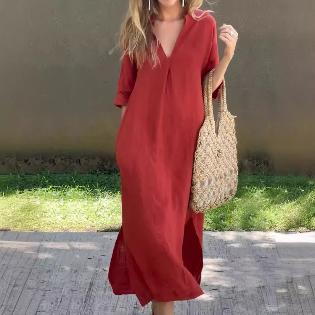 Casual midi dress for women in lightweight material with V-neck and side pockets Lune London