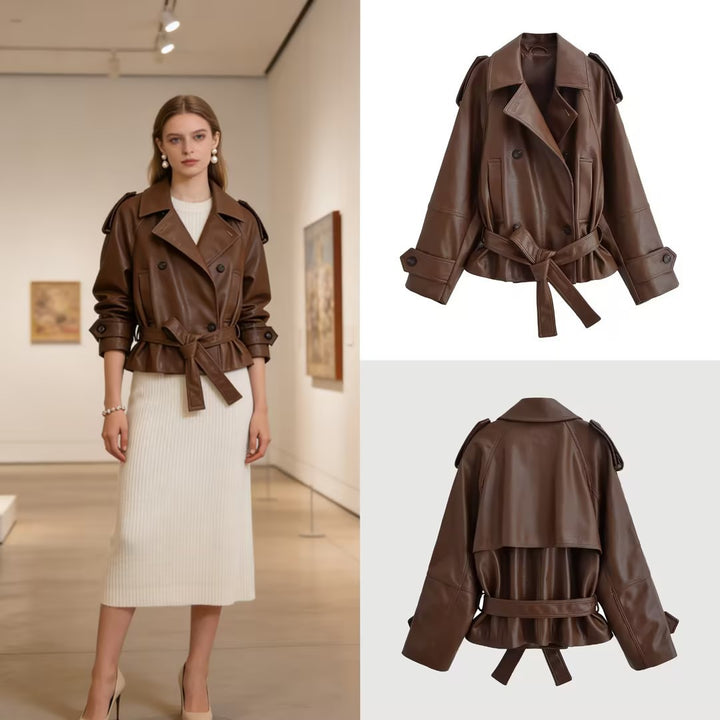 Women's Short Double-Breasted Faux Leather Trench with Waist Tie Belt Amarae