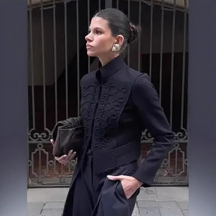Women's Short Blazer with Decorative Cord Trim and Stand-Up Collar Amarae