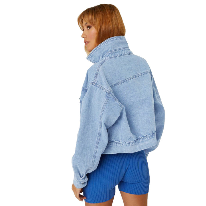 Women's Cropped Oversize Denim Jacket with Snap Button Front and Patch Chest Pockets Amarae
