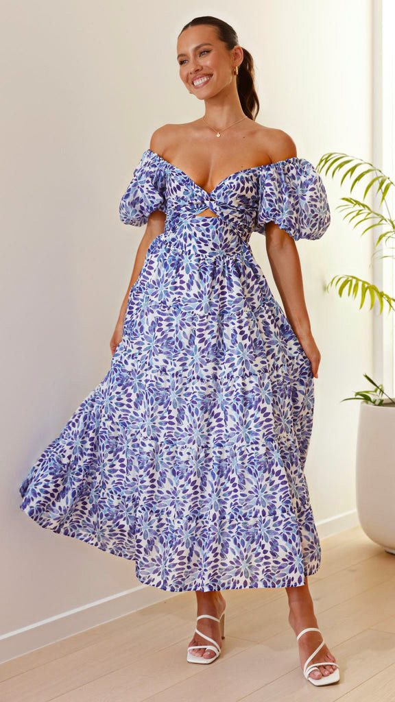 Maxi dress for women with voluminous balloon sleeves and chic floral print