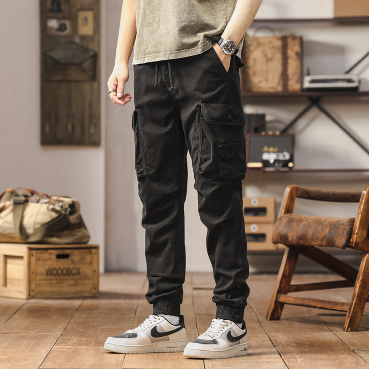 Multi-functional cargo pants for men with elastic waistband and practical pockets Lune London