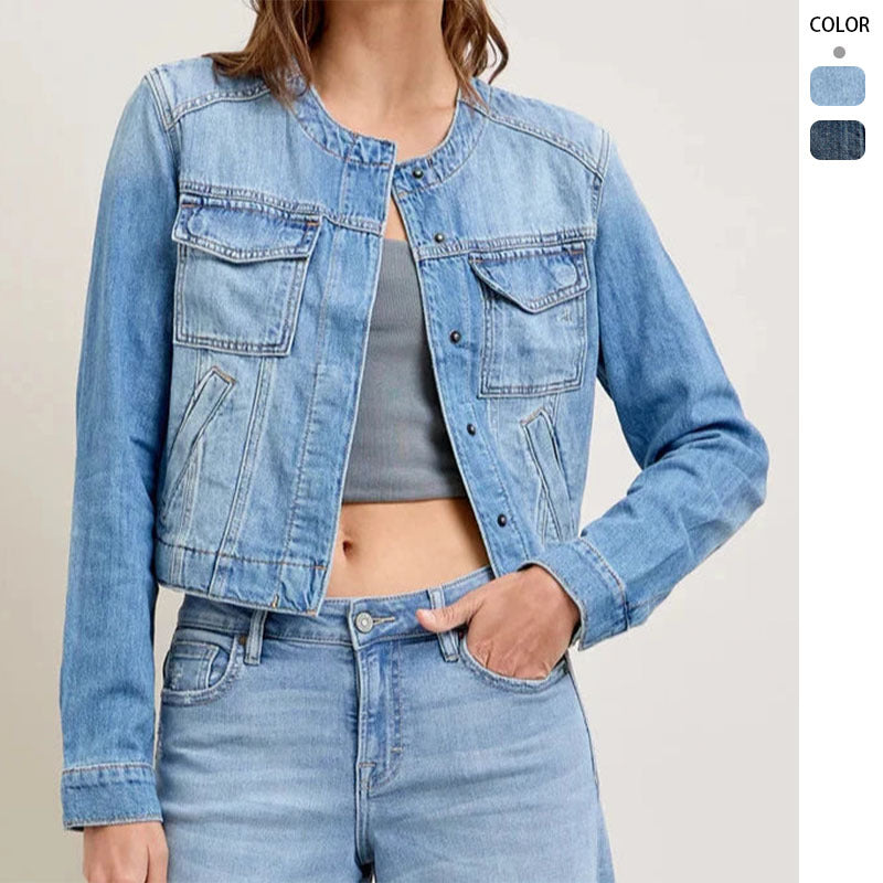 Women's denim jacket in a casual cropped cut with practical pockets and button details Lune London