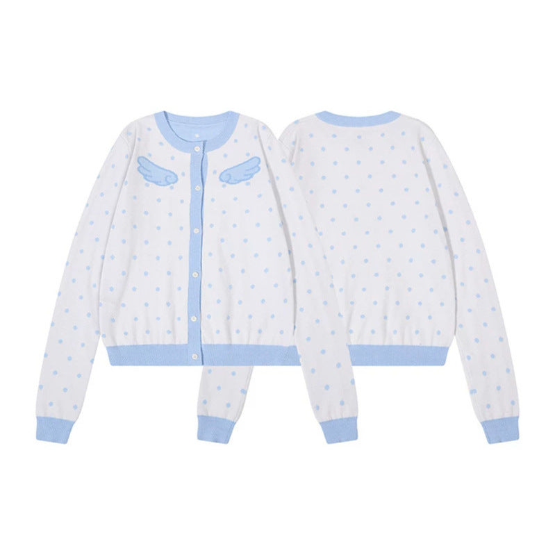 Women's Short Cropped Dotted Cardigan with Angel Wing Motif and Ribbed Cuffs Amarae