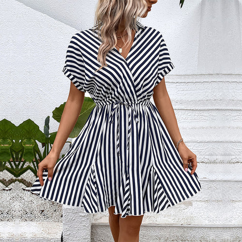 Striped wrap dress for women with adjustable cinch at the waist Amarae