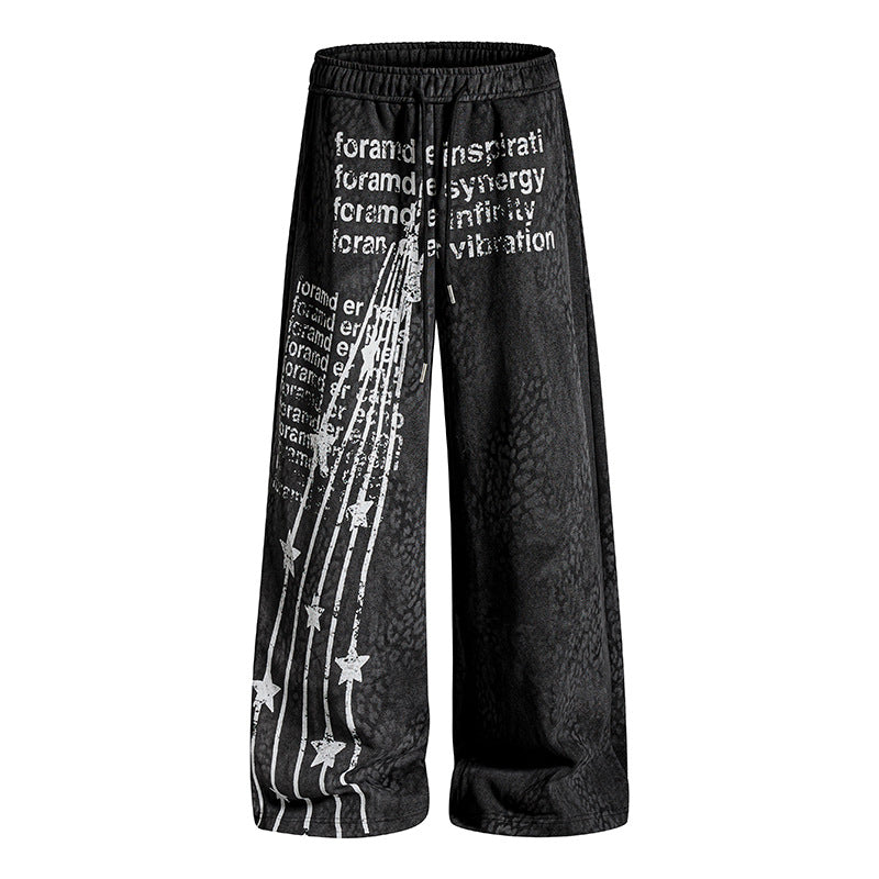 Women's Wide Palazzo Jogging Pants with Drawstring Waist, Statement Print and Vintage Wash Amarae