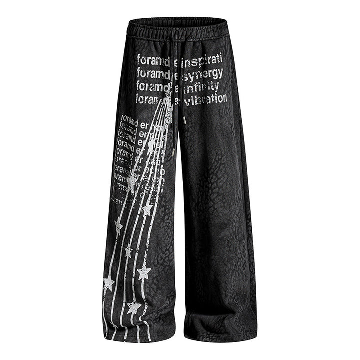 Women's Wide Palazzo Jogging Pants with Drawstring Waist, Statement Print and Vintage Wash Amarae
