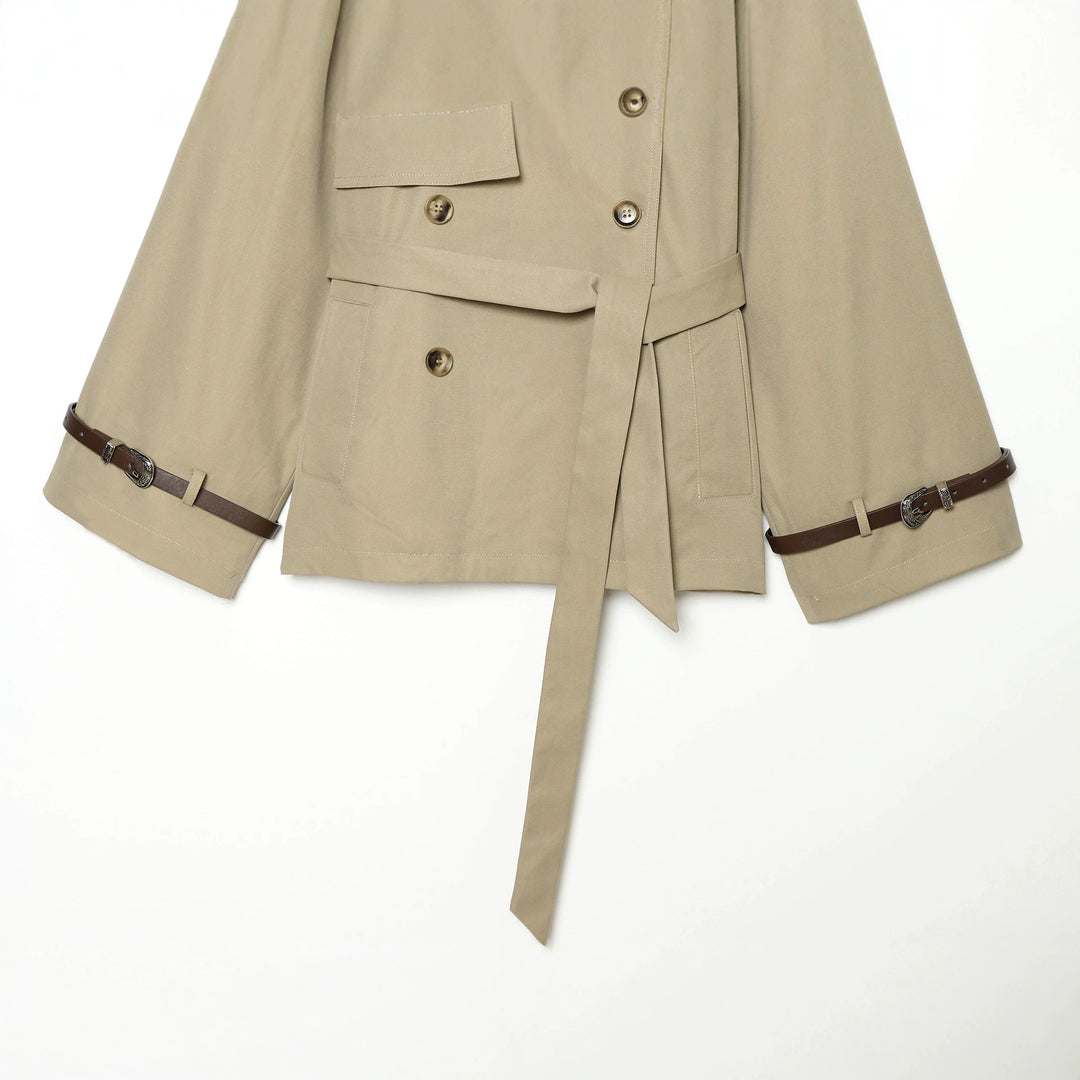 Ladies Short Cape Trench with Double Row, Shoulder Flaps and Waist Belt Amarae