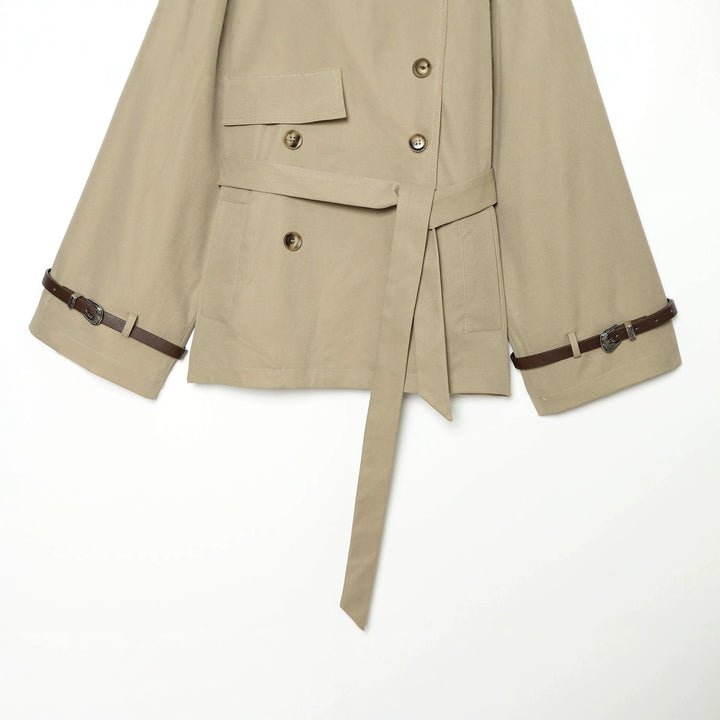 Ladies Short Cape Trench with Double Row, Shoulder Flaps and Waist Belt Amarae