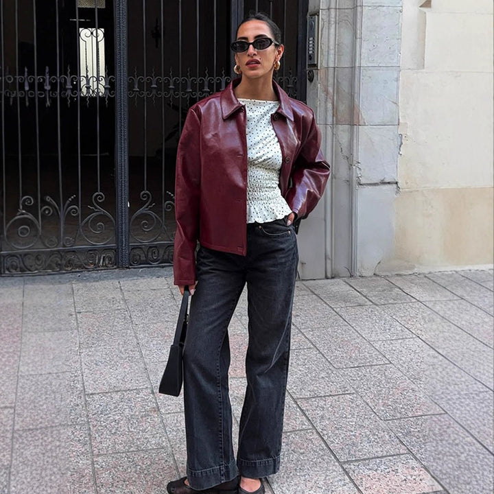 Women's Boxy Faux Leather Jacket with Shirt Collar and Straight Cropped Cut Amarae