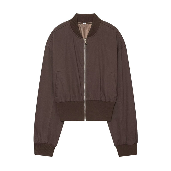 Women's Cropped Bomber Jacket with Wide Ribbed Cuff and Continuous Zipper Amarae