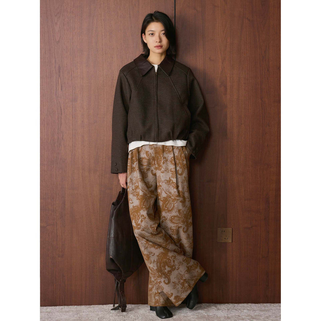 Women's Short Boxy Wool Jacket with Contrasting Leather Collar Amarae