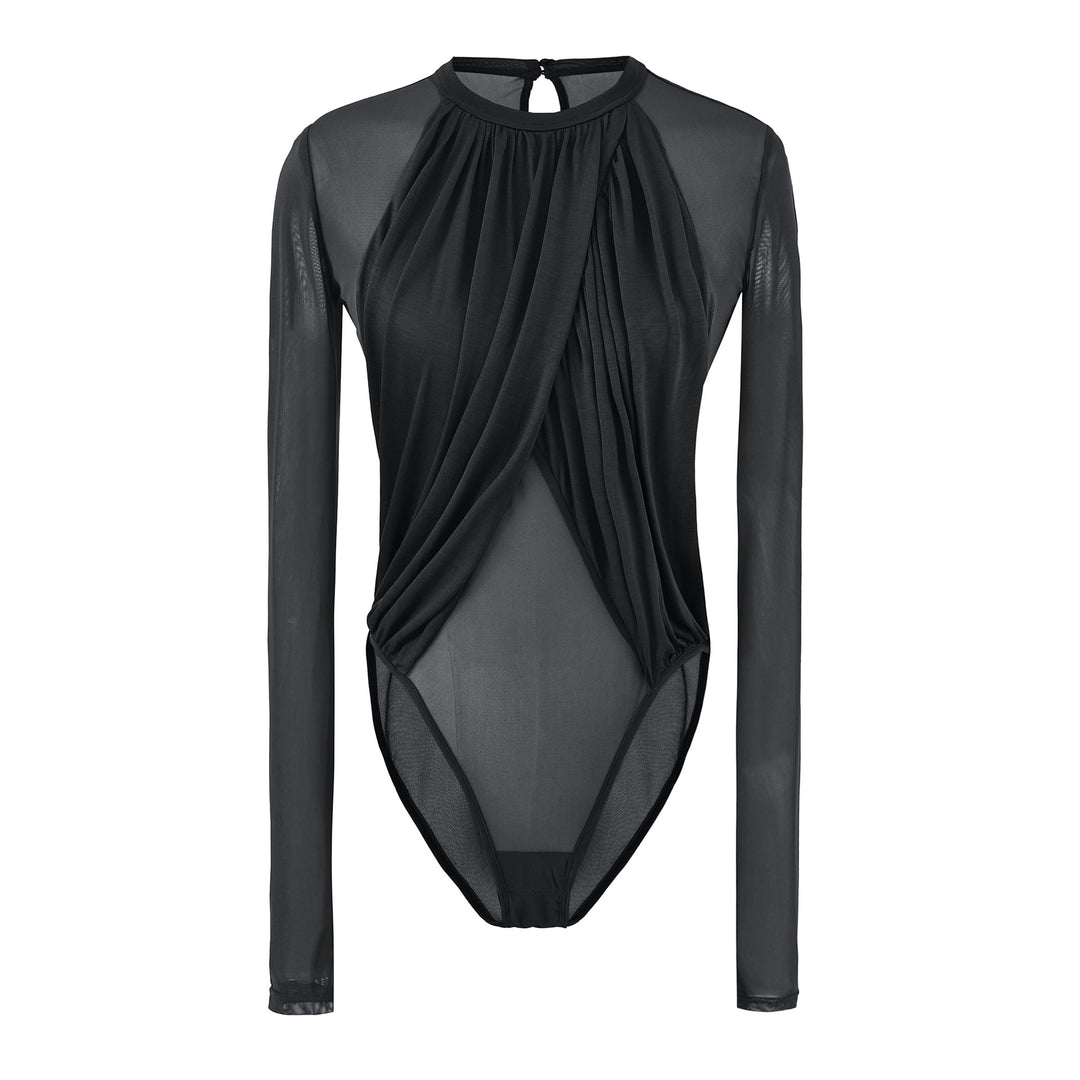 Women's Draped Mesh Bodysuit with Gathered Front