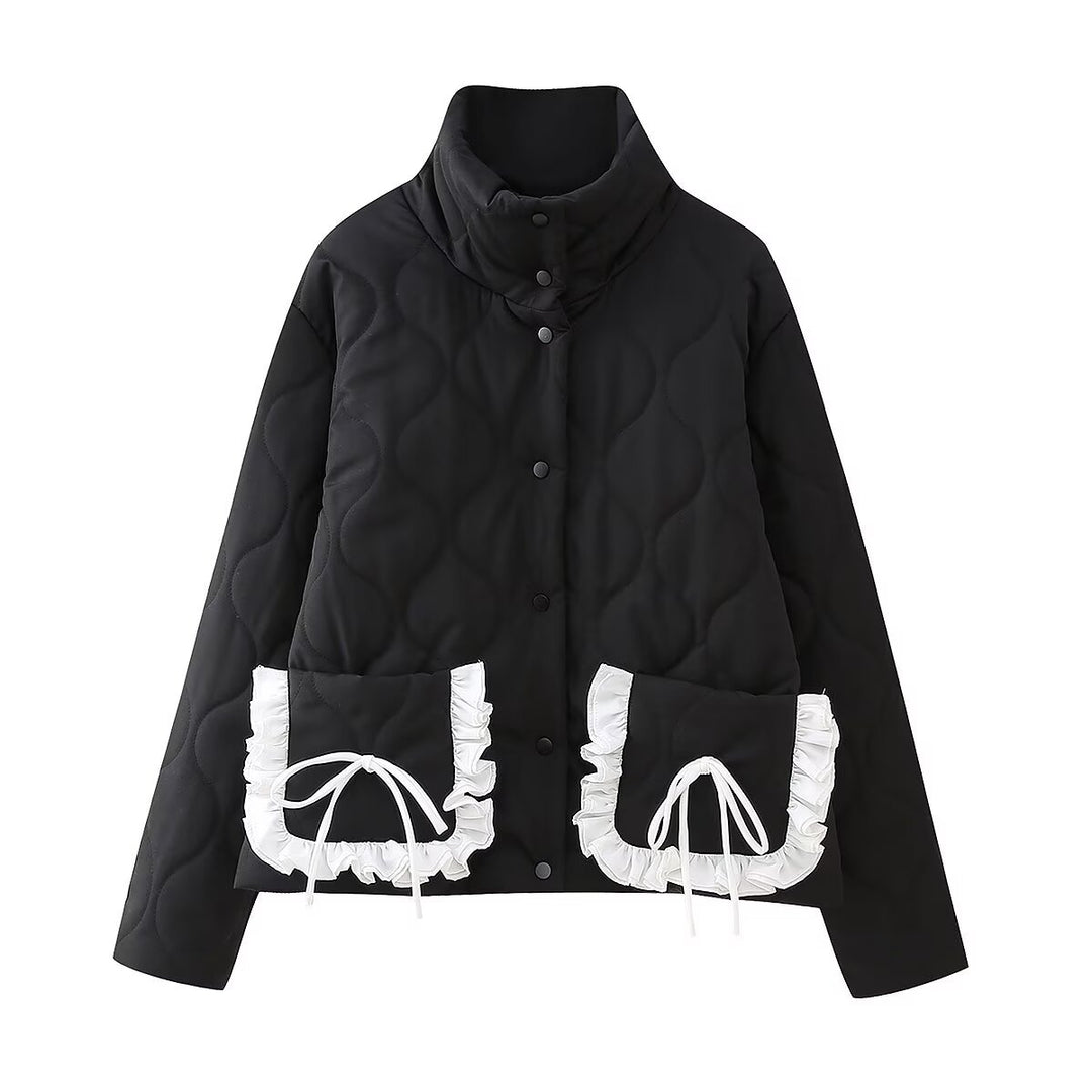 Women's short quilted jacket with high stand-up collar and ruffle pockets Amarae