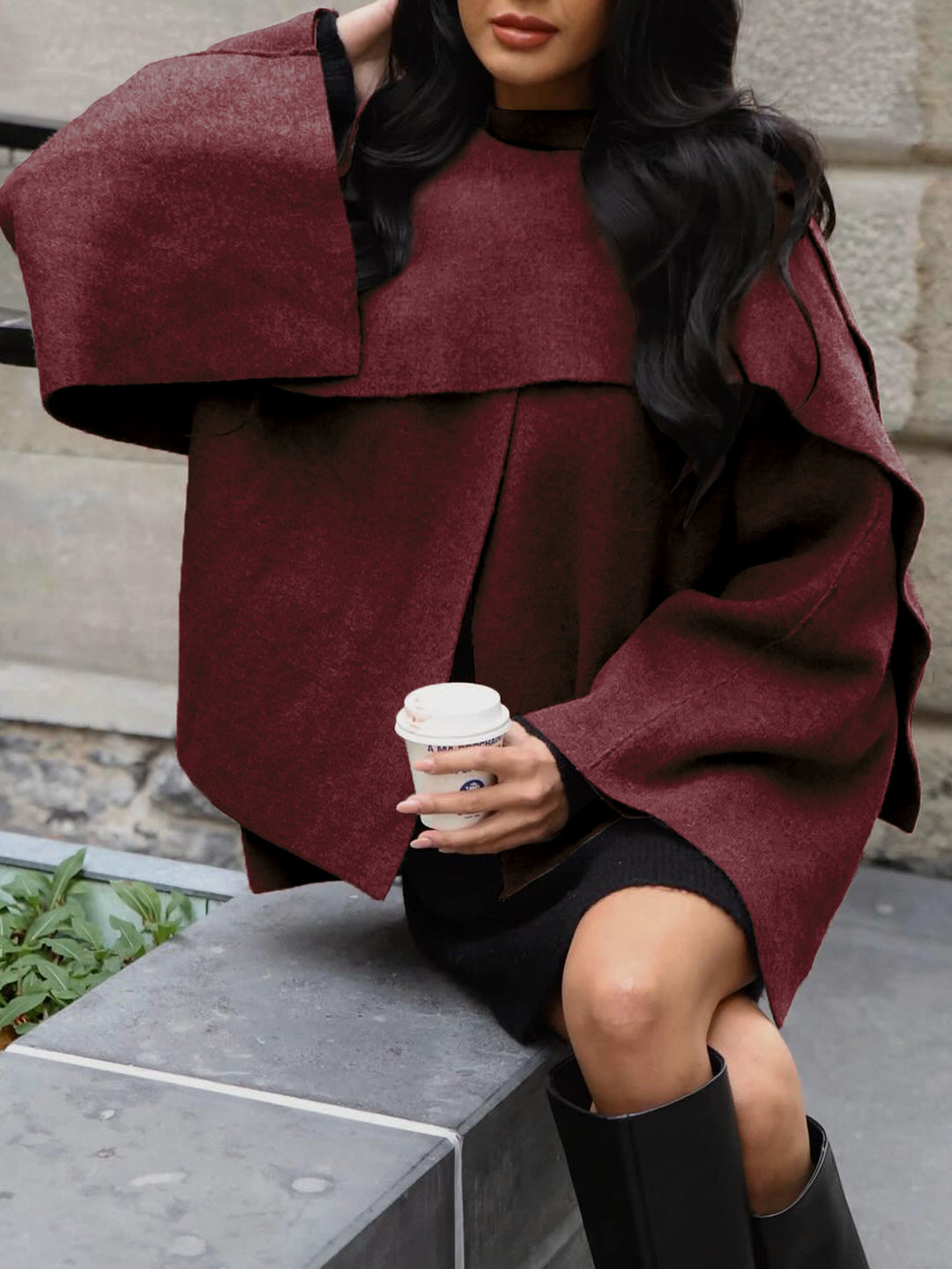 Women's Short Cape Jacket in Layered Look made of Wool Blend with Wide Batwing Sleeve Amarae
