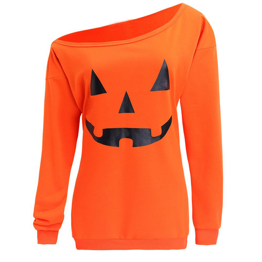 Women Oversize Off-Shoulder Knit Sweater with Halloween Pumpkin Motif Amarae