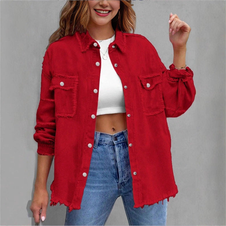 Women's oversized denim shirt jacket with fringe trim, flap pockets, and snap front Amarae