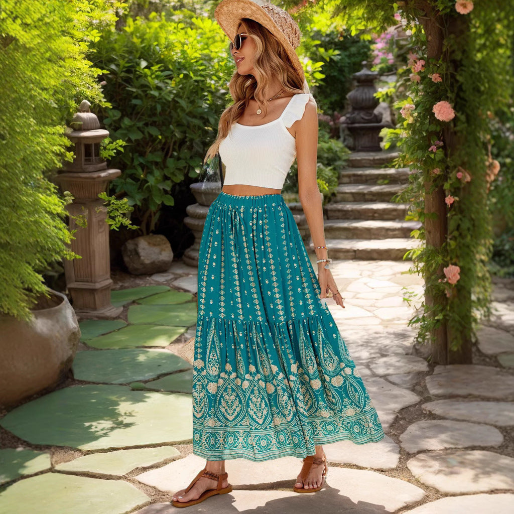 Maxi skirt for women with elastic waistband and opulent print Lune London