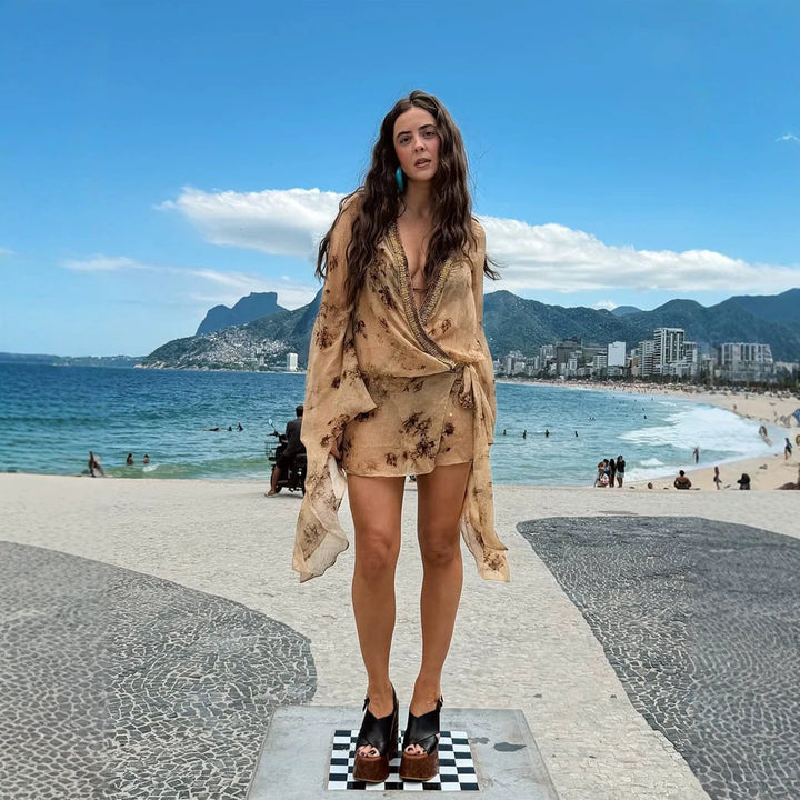 Women’s Lightweight Crinkle Tunic Set with V-Neck, Tie Belt and Mini Shorts Amarae