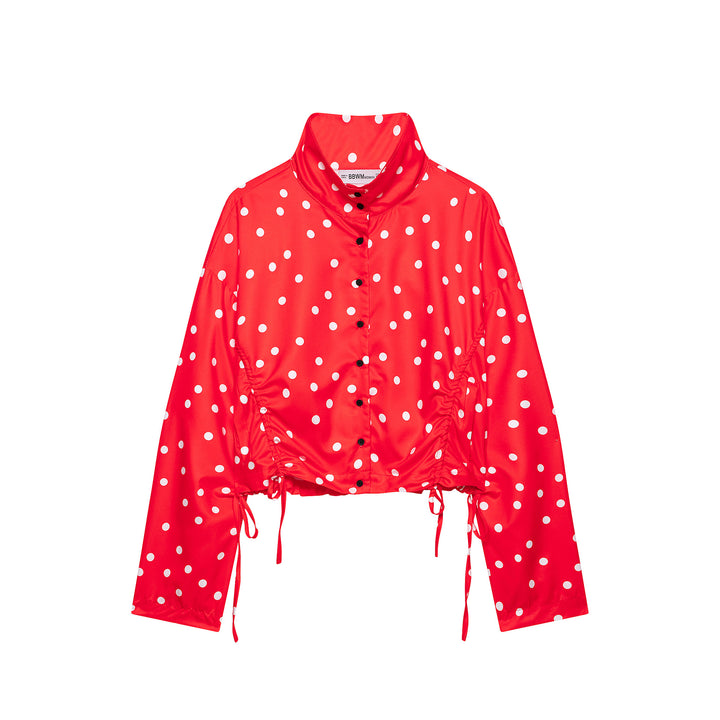 Women's Cropped Polka Dot Blouson Jacket with Standing Collar and Drawstring